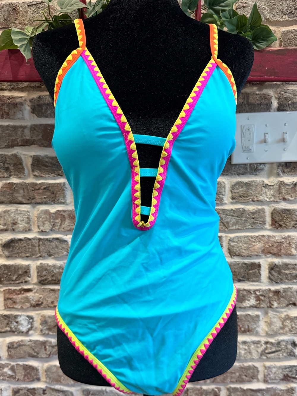 Popvil Shell Trim Front Strappy Back Tie Blue One Piece Swimsuit -M